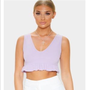 Lilac Plunge Sleeveless Frill Hem Crop Top